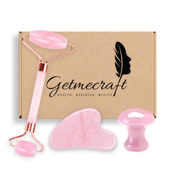 Rose Quartz Face Roller And Gua Sha Set With Rose Quartz Mushroom Gua Sha