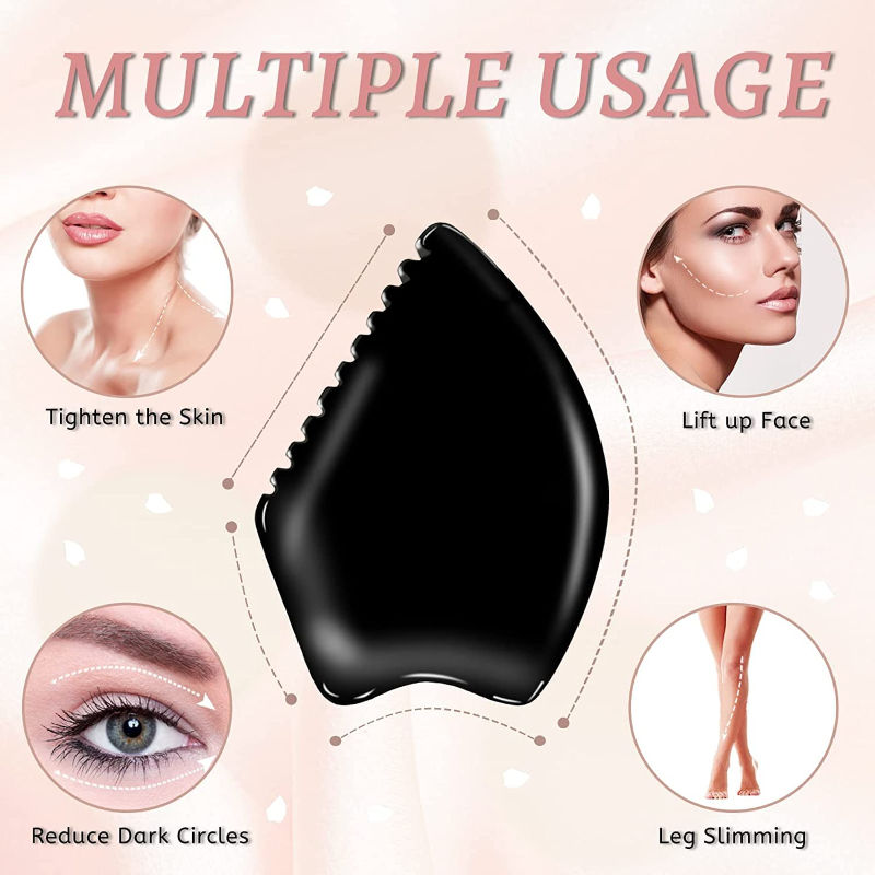 Black Obsidian Leaf Shape Gua Sha Facial Massage Tool with Teeth Shape Edges