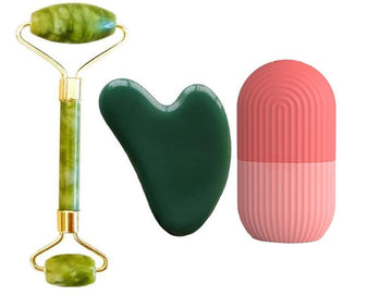 Jade Roller & Gua Sha Face Massager with Pink Ice Roller (3 Pcs)