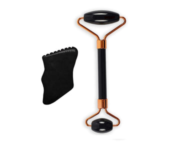 Black Obsidian Facial Roller And Gua Sha With Teeth Shape Sides & Ridges Massage Tool Set (2 pcs)