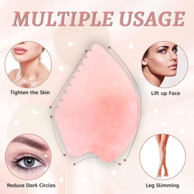 Rose Quartz Leaf Shape Gua Sha Facial Massage Tool with Teeth Shape Edges.