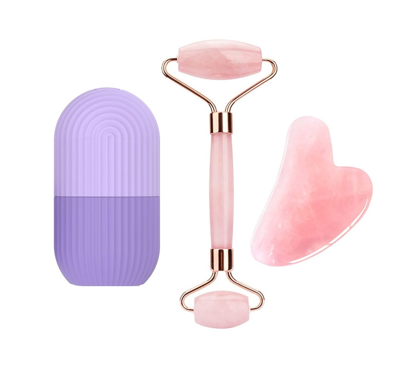 Rose Quartz Roller & Gua Sha Face Massager with Purple Ice Roller (3 Pcs)