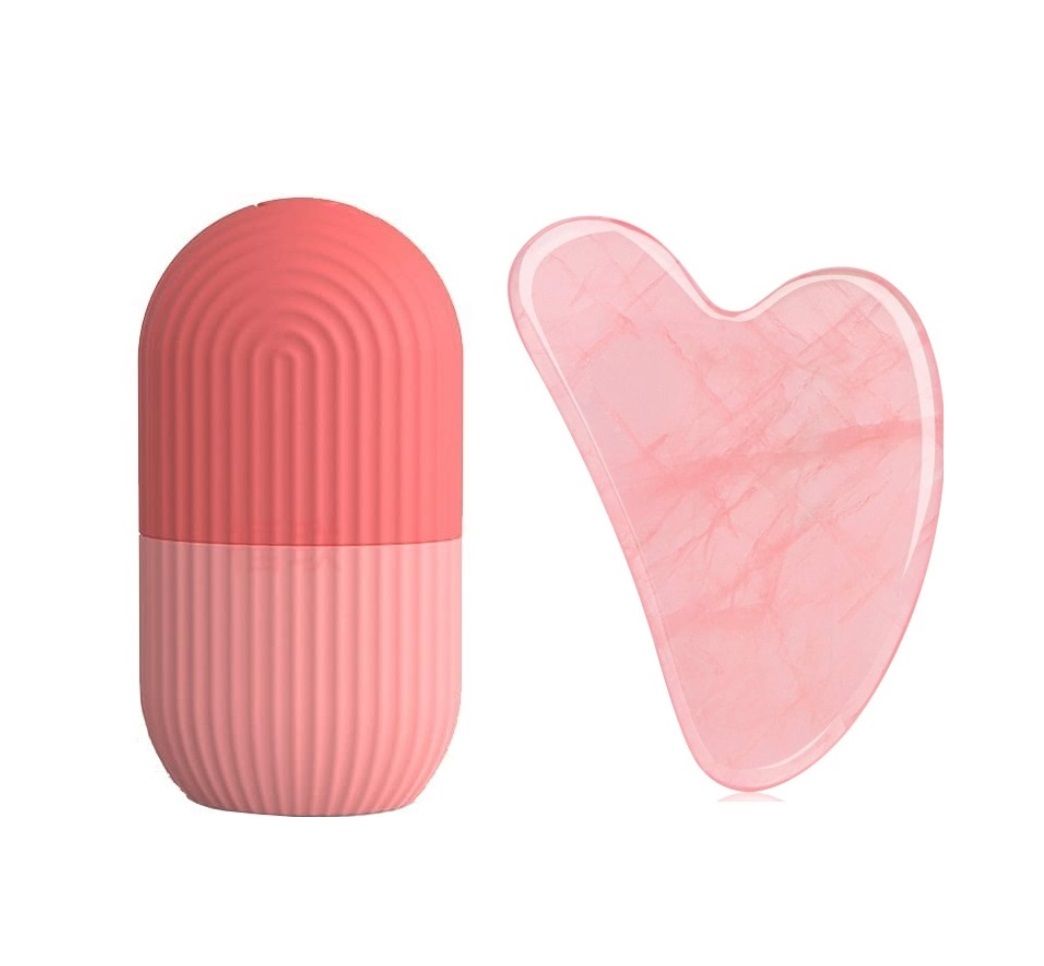 Pink Ice Roller & Rose Quartz Gua Sha Faical Massage Tool